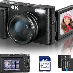 4K Digital Camera for Photography and Video Autofocus Anti-Shake, 48MP Vlogging Camera with SD Card, 3'' 180° Flip Screen Compact Camera with Flash, 16X Digital Zoom Travel Camera (2 Batteries)