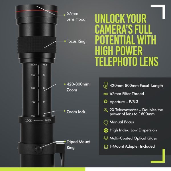 High-Power 420-1600mm f/8.3 HD Manual Telephoto Zoom Lens for Canon EOS 80D, EOS 90D, Rebel T3, T3i, T5, T5i, T6i, T6s, T7, T7I, T8I, SL3, EOS 70D, EOS 5D, EOS5D IV, EOS 6D II, EOS 7D II SLR Cameras - Image 2