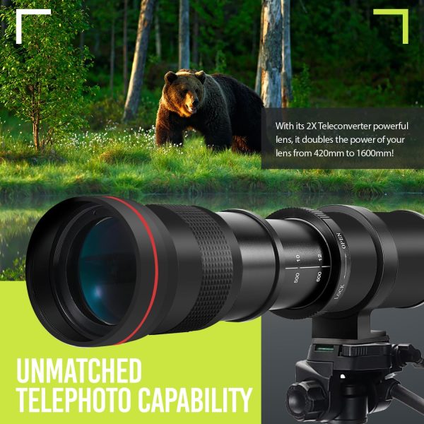High-Power 420-1600mm f/8.3 HD Manual Telephoto Zoom Lens for Canon EOS 80D, EOS 90D, Rebel T3, T3i, T5, T5i, T6i, T6s, T7, T7I, T8I, SL3, EOS 70D, EOS 5D, EOS5D IV, EOS 6D II, EOS 7D II SLR Cameras - Image 3